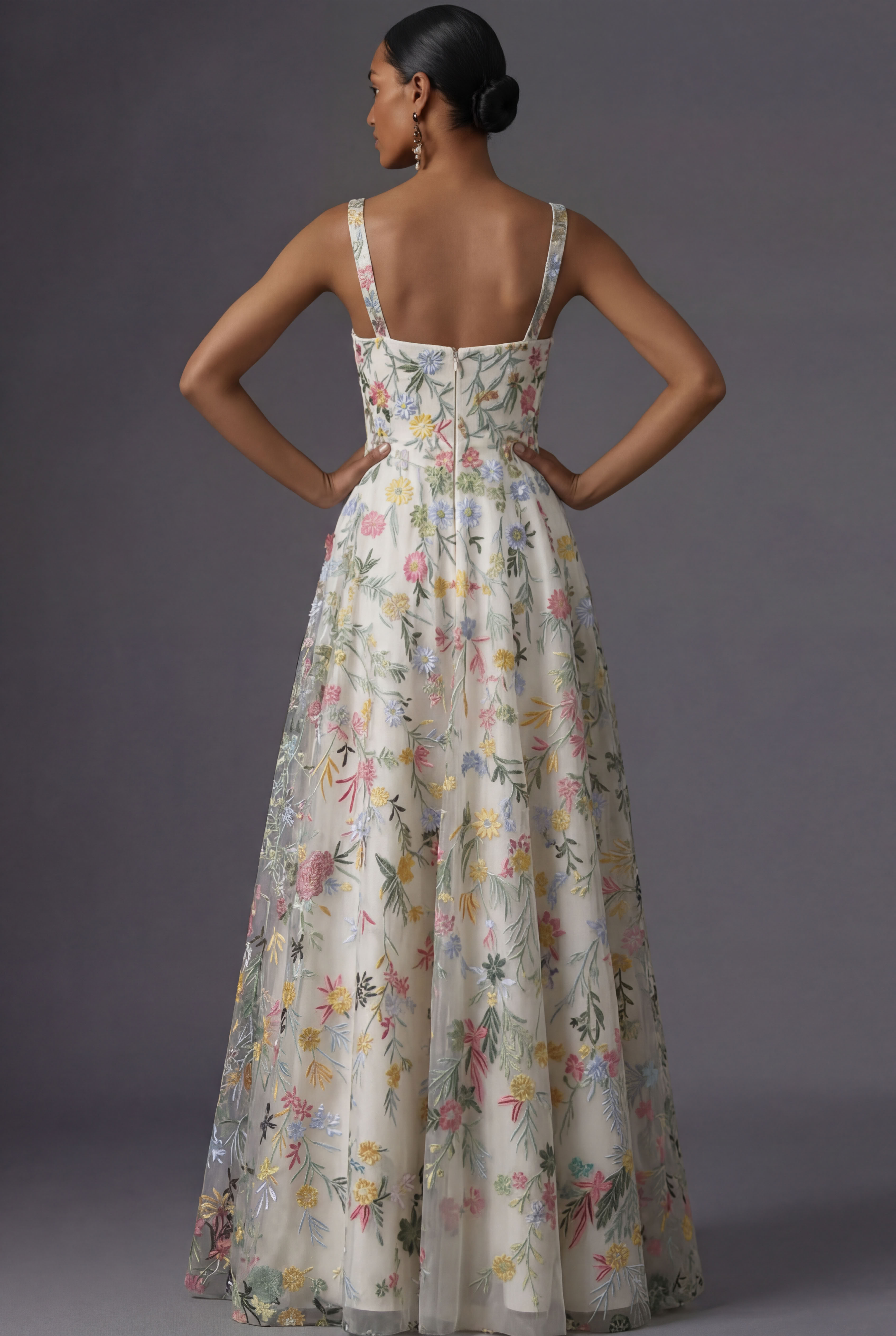 Mauve Floral Thick Straps A Line Embroidered Maxi Wedding Guest Dress