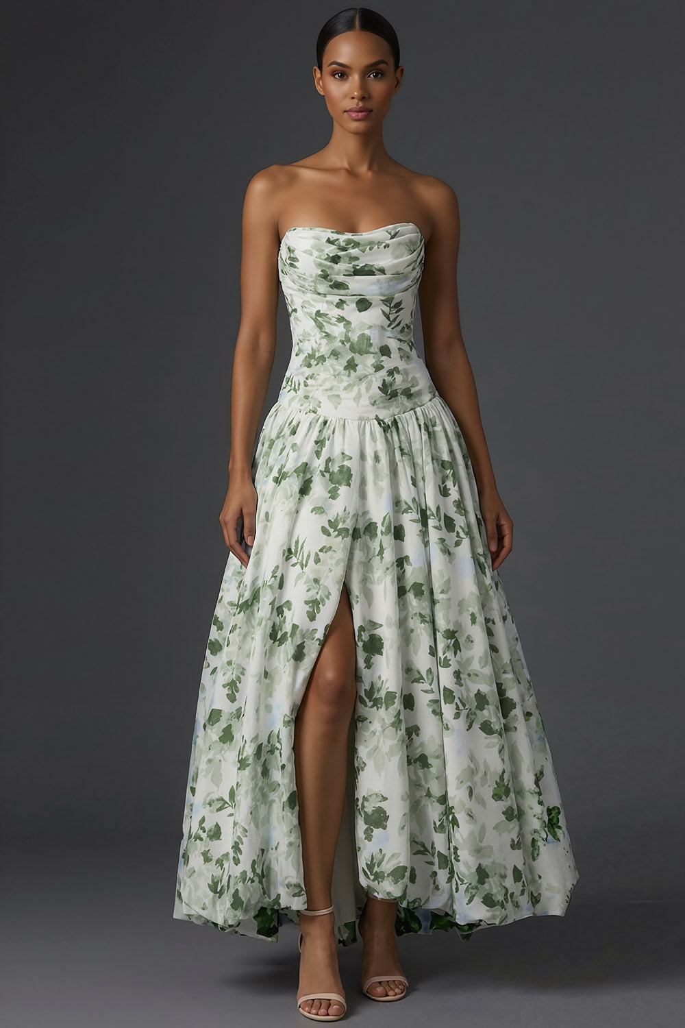 Green Floral A Line Draped Strapless Long Wedding Guest Dress with Slit