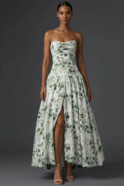 Leely Women Green Floral A Line Draped Long Wedding Guest Dress with Slit Strapless Backless Sleeveless Formal Dress