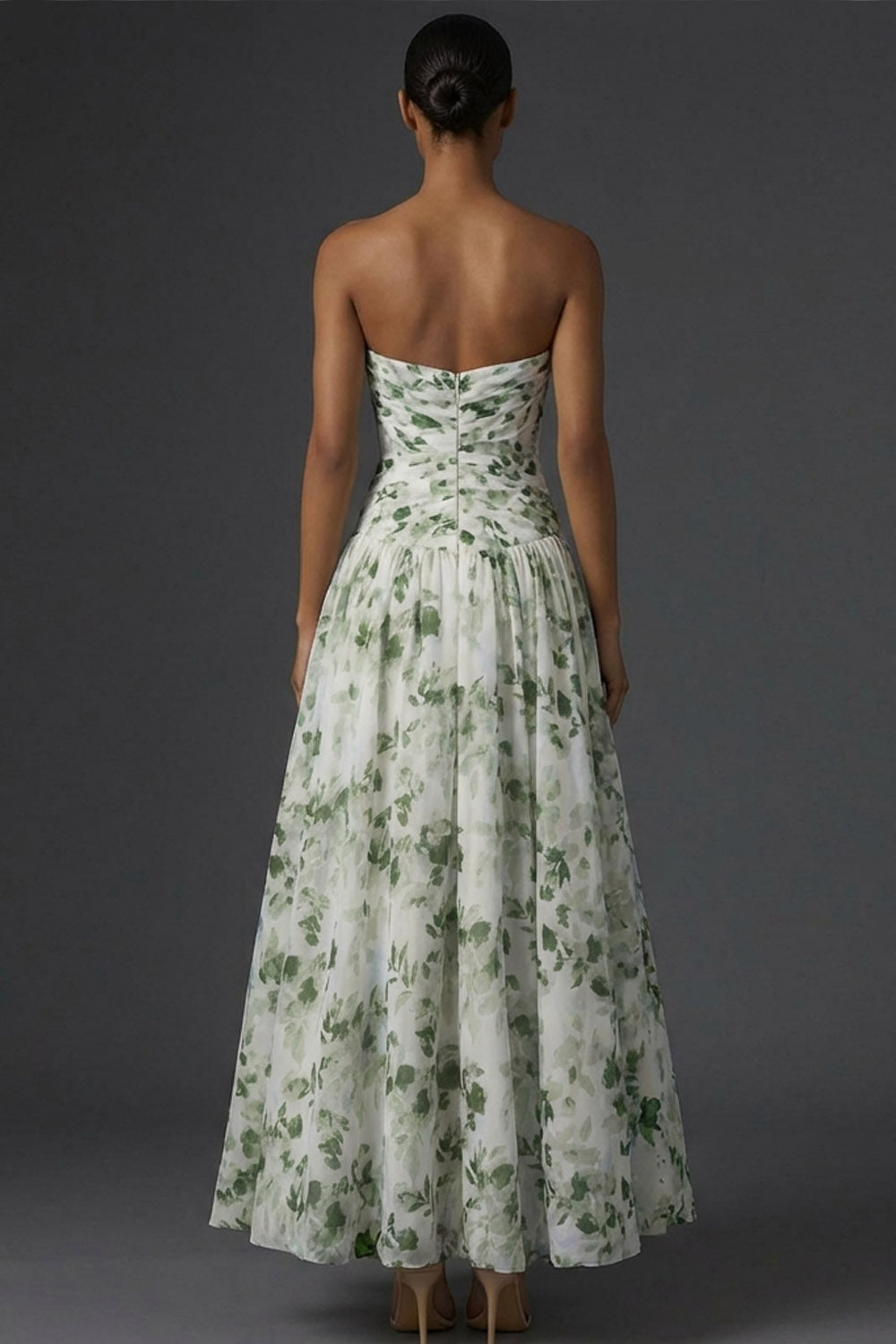 Green Floral A Line Draped Strapless Long Wedding Guest Dress with Slit
