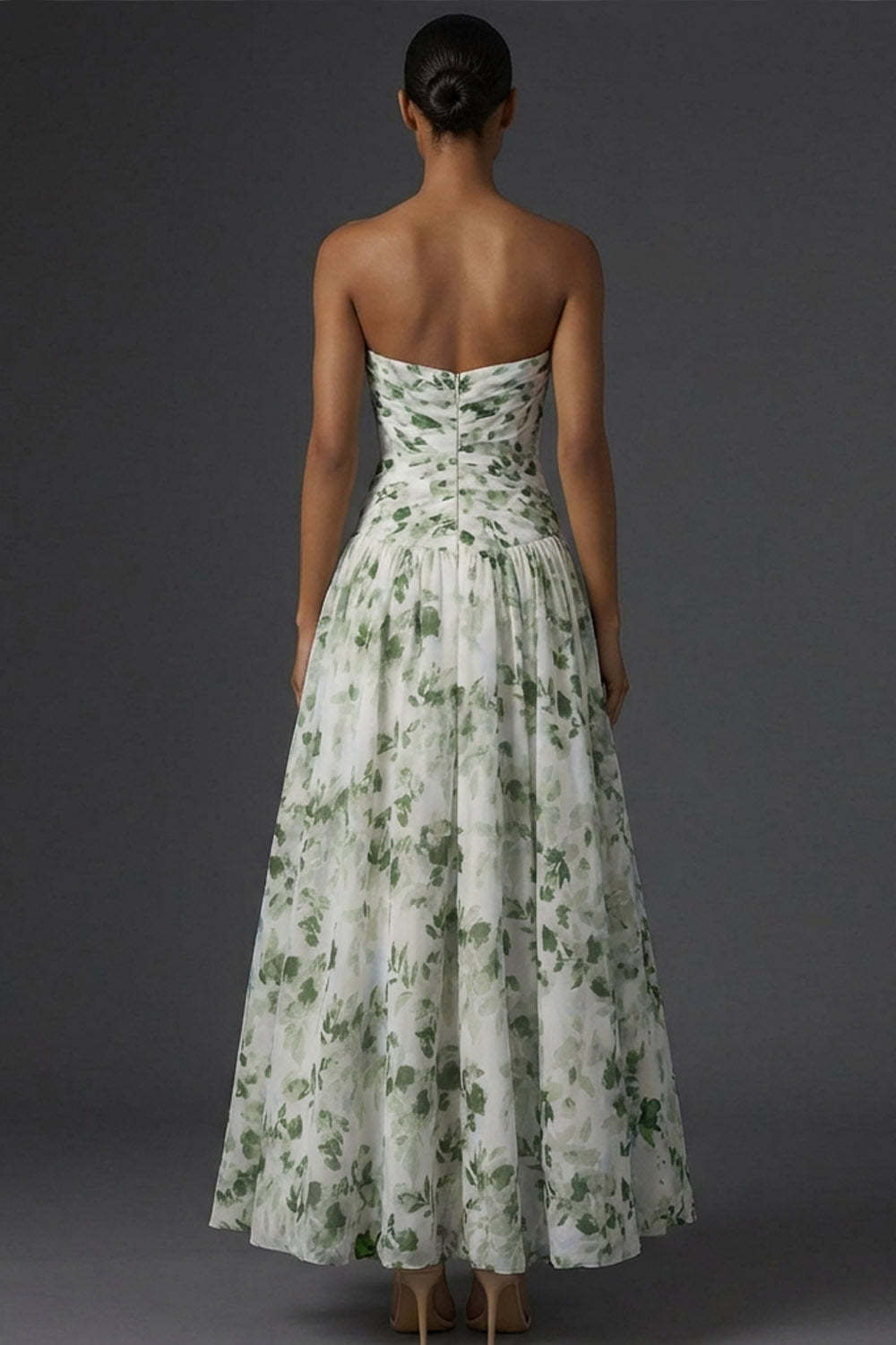 Green Floral A Line Draped Strapless Long Wedding Guest Dress with Slit