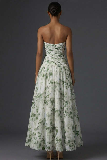 Green Floral A Line Draped Strapless Long Wedding Guest Dress with Slit
