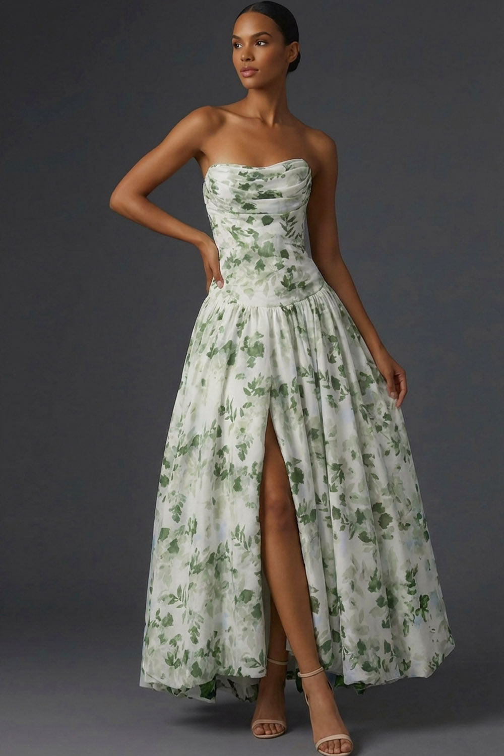 Green Floral A Line Draped Strapless Long Wedding Guest Dress with Slit
