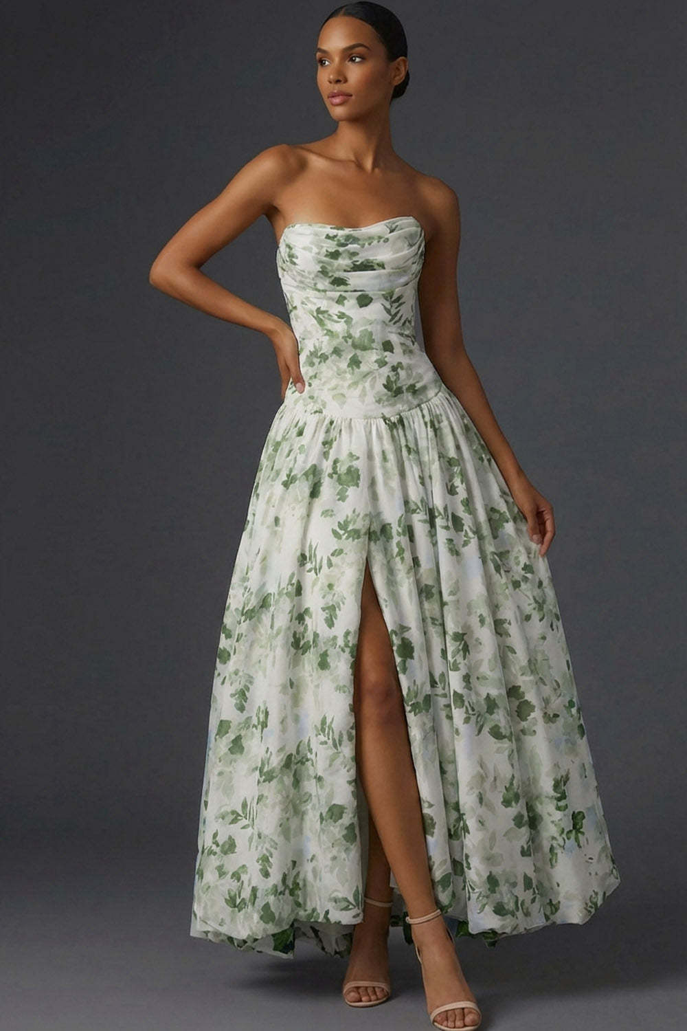 Green Floral A Line Draped Strapless Long Wedding Guest Dress with Slit