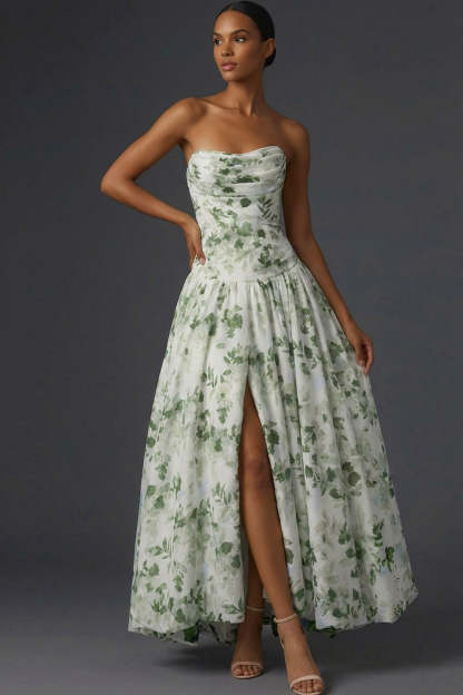 Green Floral A Line Draped Strapless Long Wedding Guest Dress with Slit