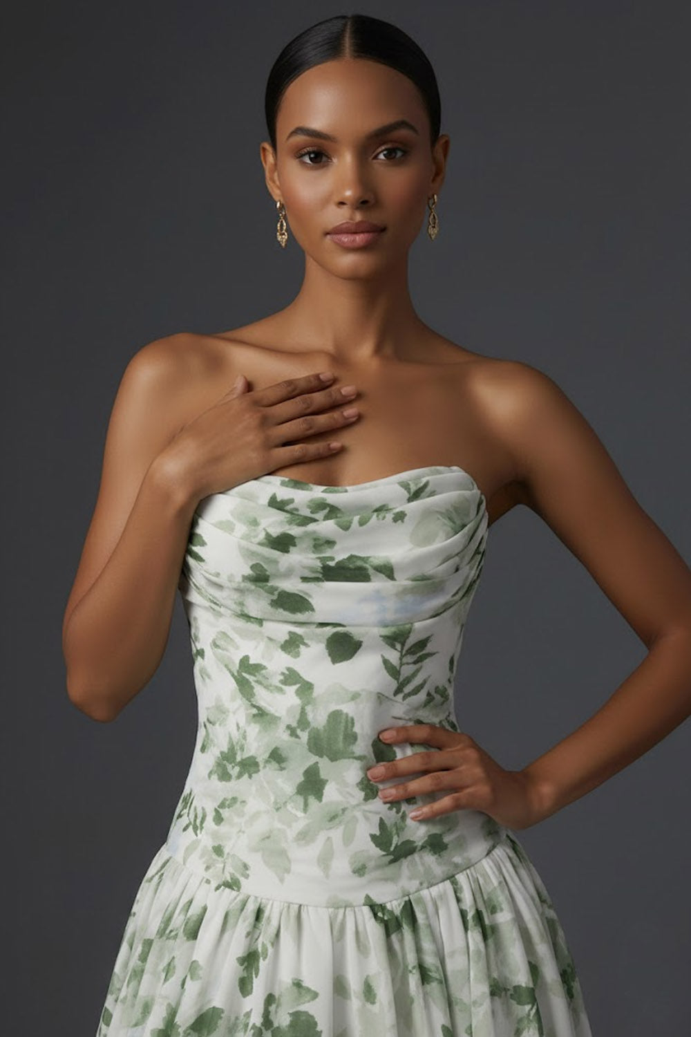 Green Floral A Line Draped Strapless Long Wedding Guest Dress with Slit