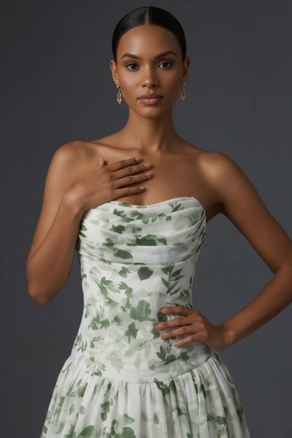 Green Floral A Line Draped Strapless Long Wedding Guest Dress with Slit