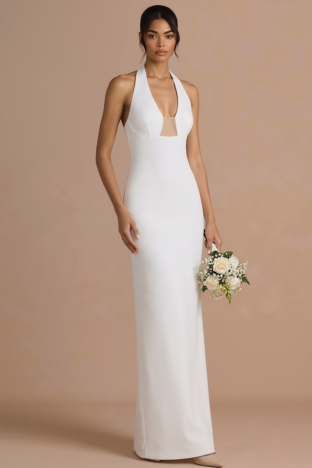 Mermaid Halter Neck White Sleeveless Maxi Wedding Reception Dress