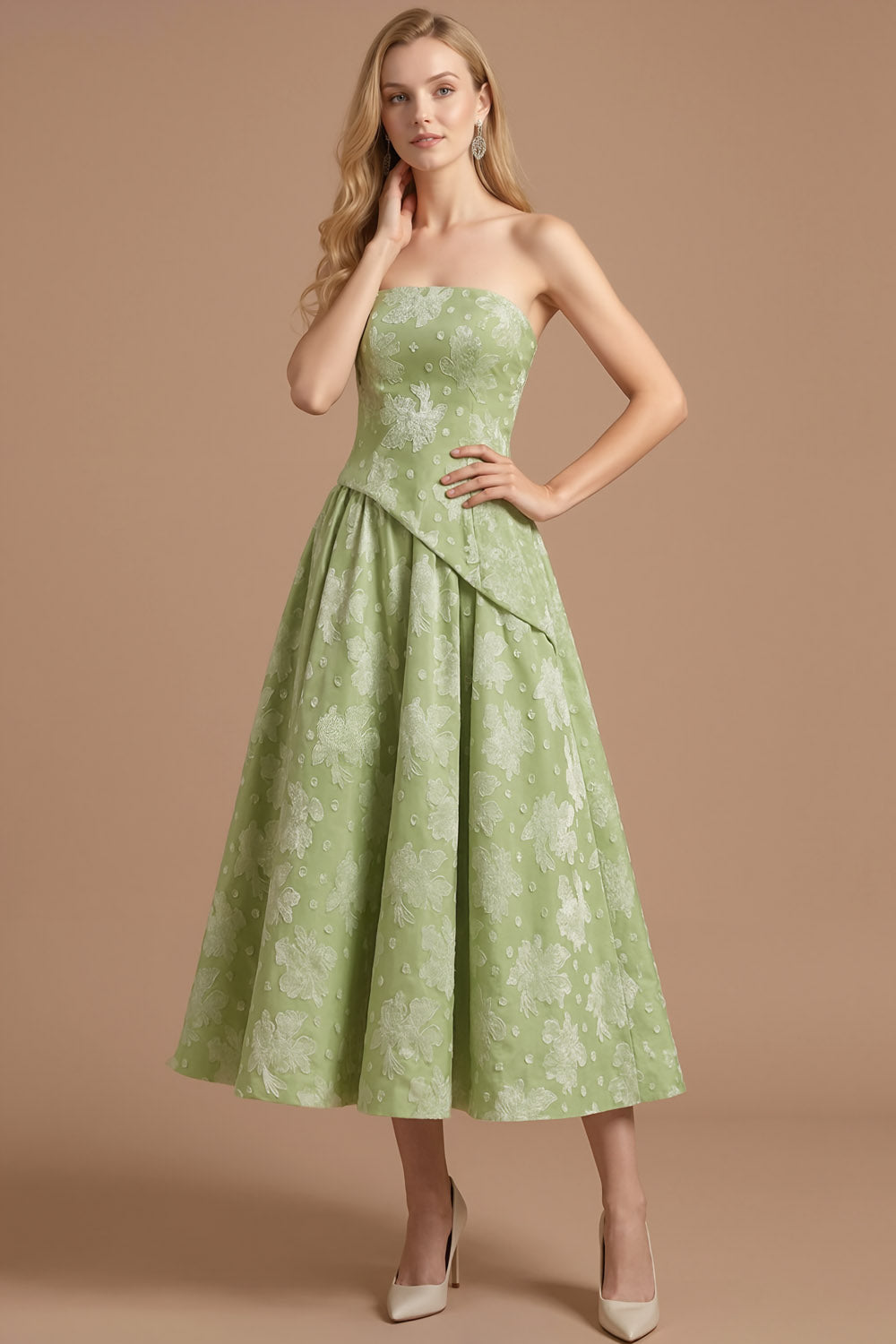 Green Floral A Line Strapless Backless Maxi Wedding Guest Dress