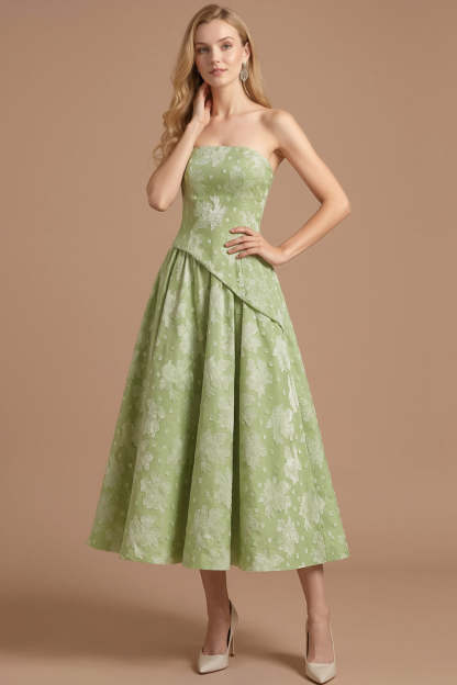 Leely Women Green Floral Backless Maxi Wedding Guest Dress A Line Strapless Appliqued Formal Dress