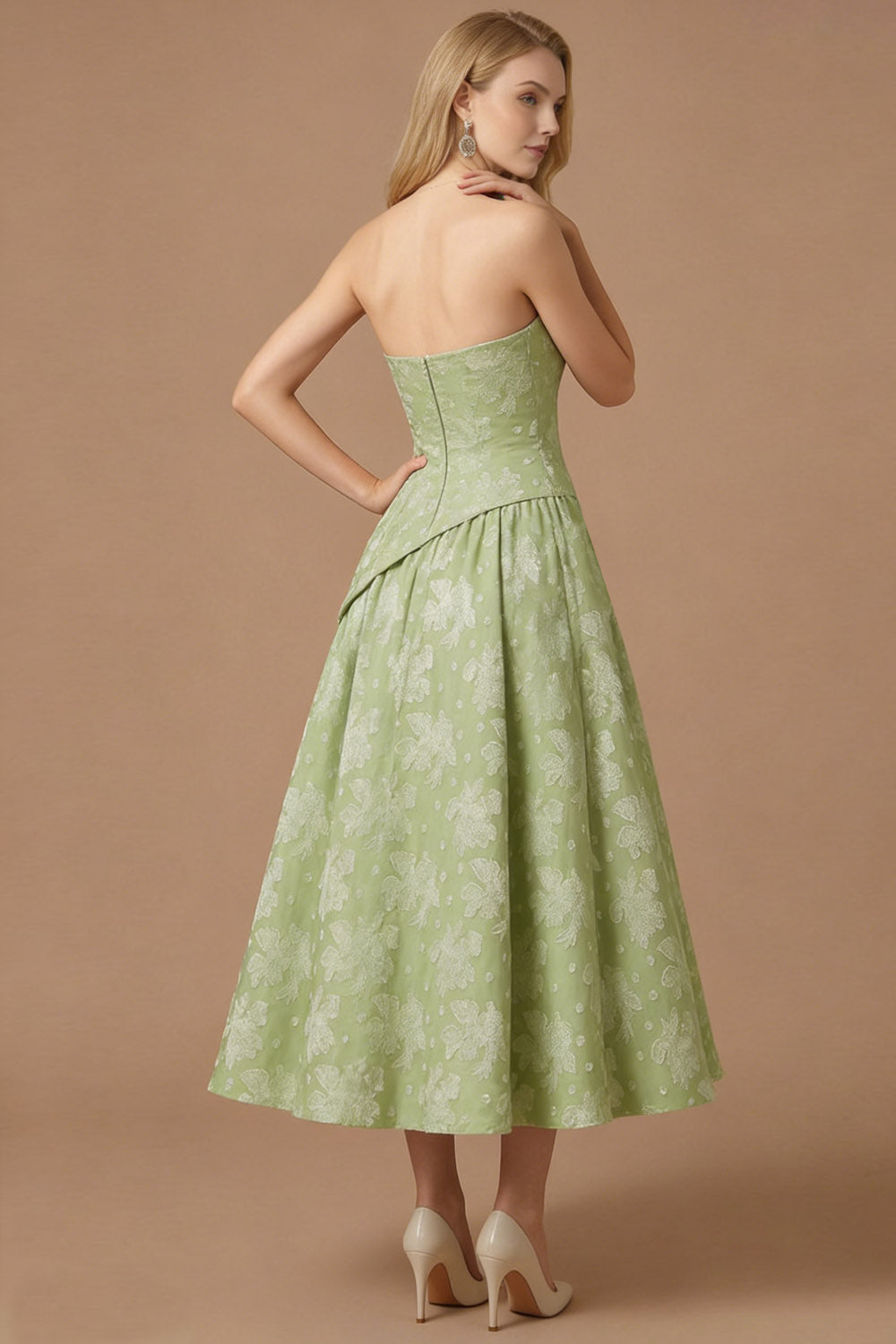 Green Floral A Line Strapless Backless Maxi Wedding Guest Dress