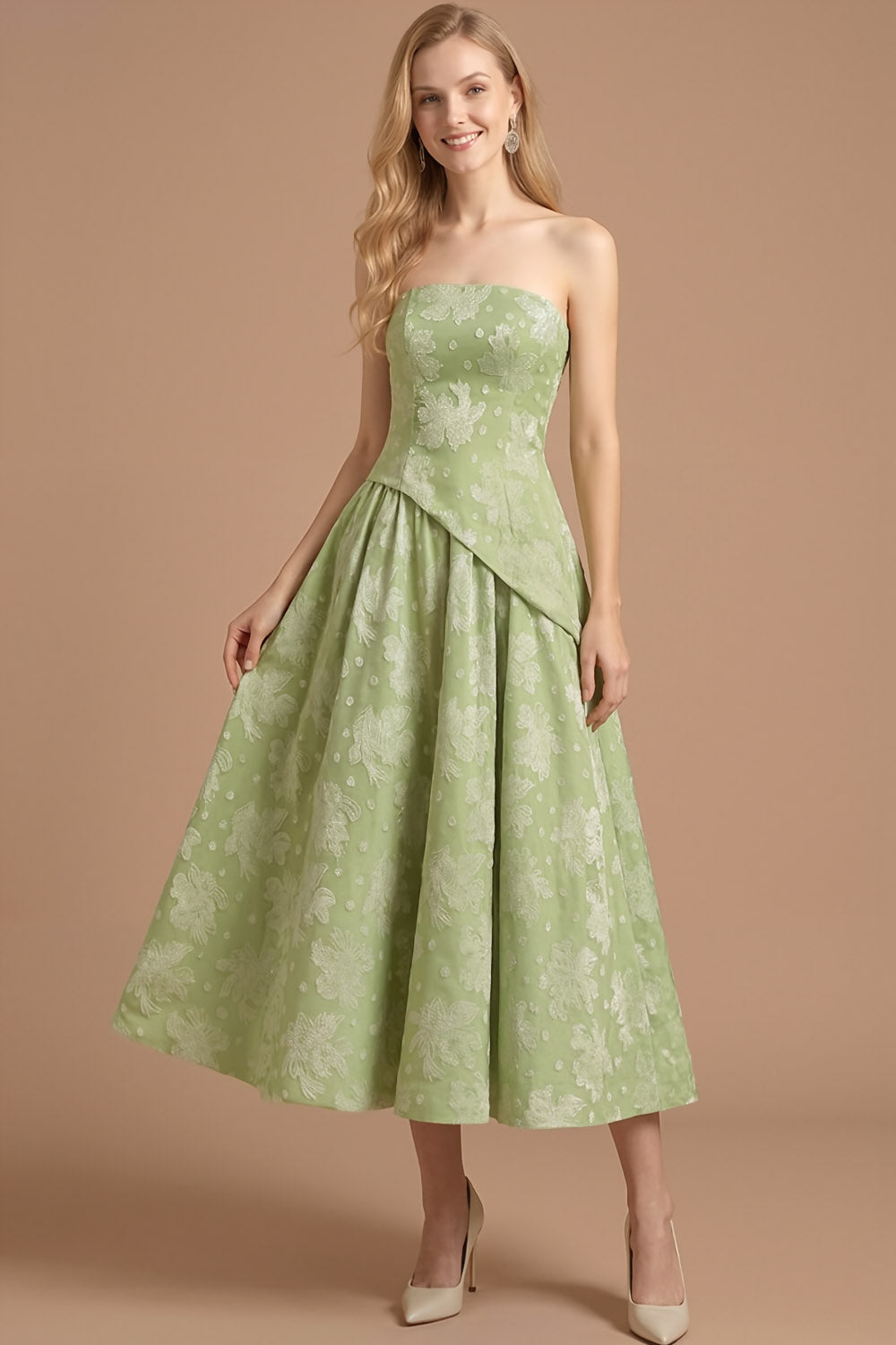 Green Floral A Line Strapless Backless Maxi Wedding Guest Dress