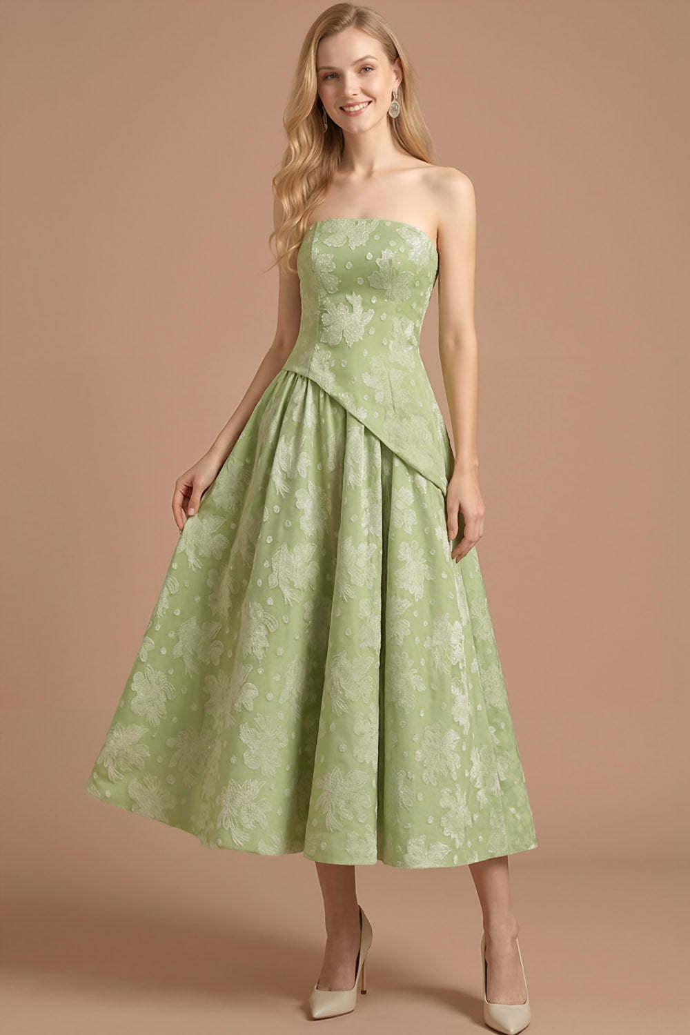 Green Floral A Line Strapless Backless Maxi Wedding Guest Dress