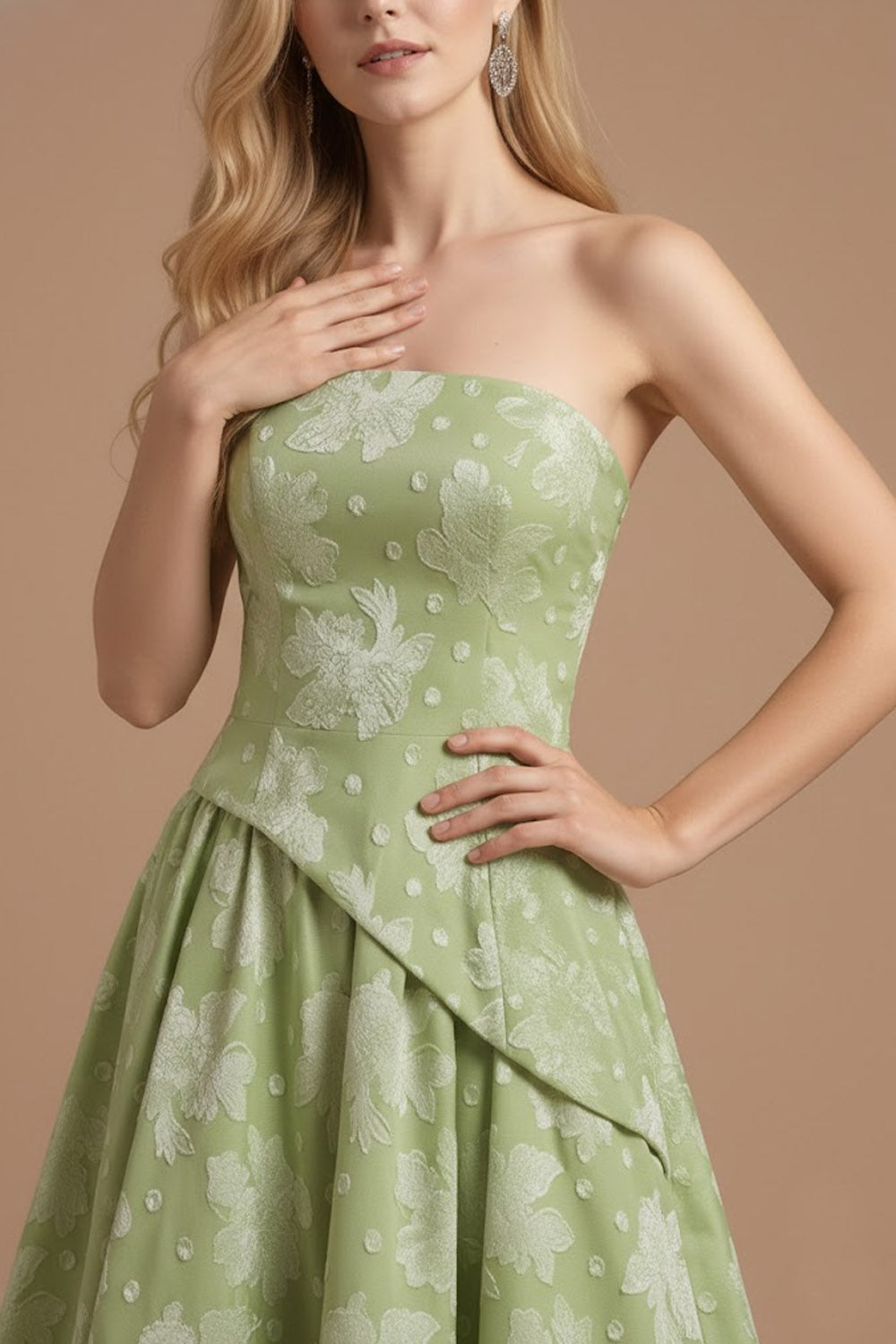 Green Floral A Line Strapless Backless Maxi Wedding Guest Dress
