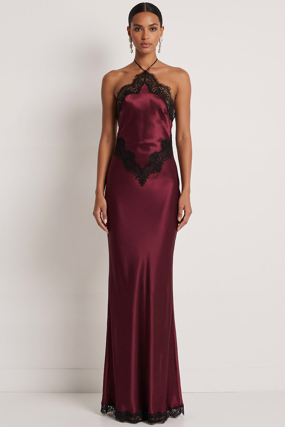 Burgundy Satin Mermaid Halter Neck Long Formal Dress with Lace