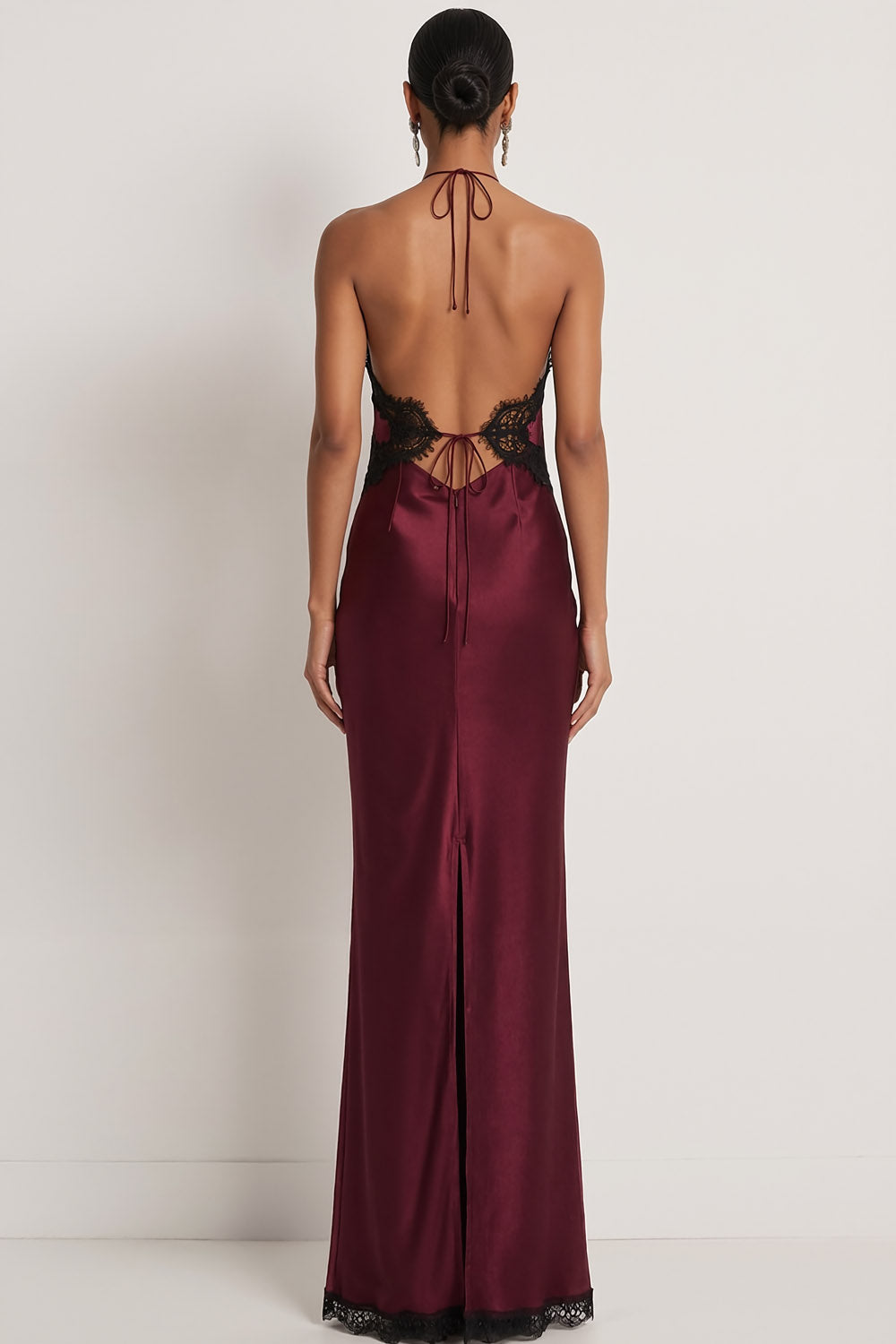 Burgundy Satin Mermaid Halter Neck Long Formal Dress with Lace