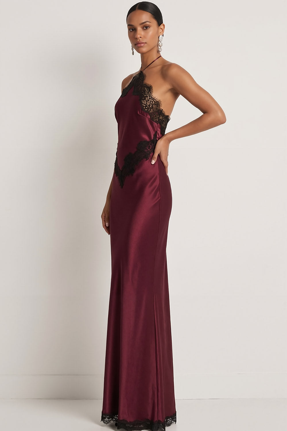 Burgundy Satin Mermaid Halter Neck Long Formal Dress with Lace