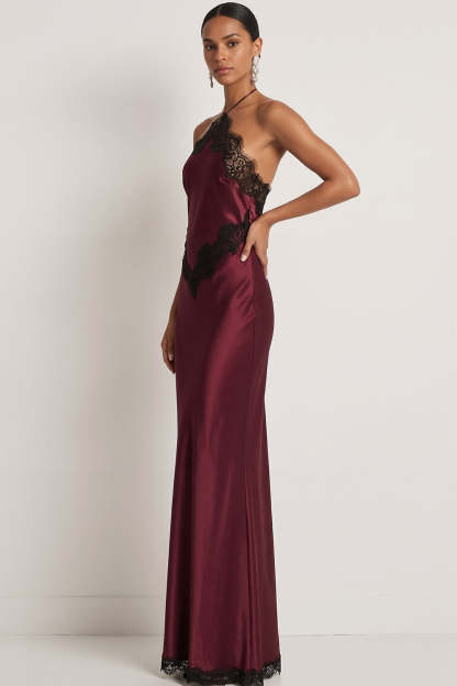 Burgundy Satin Mermaid Halter Neck Long Formal Dress with Lace