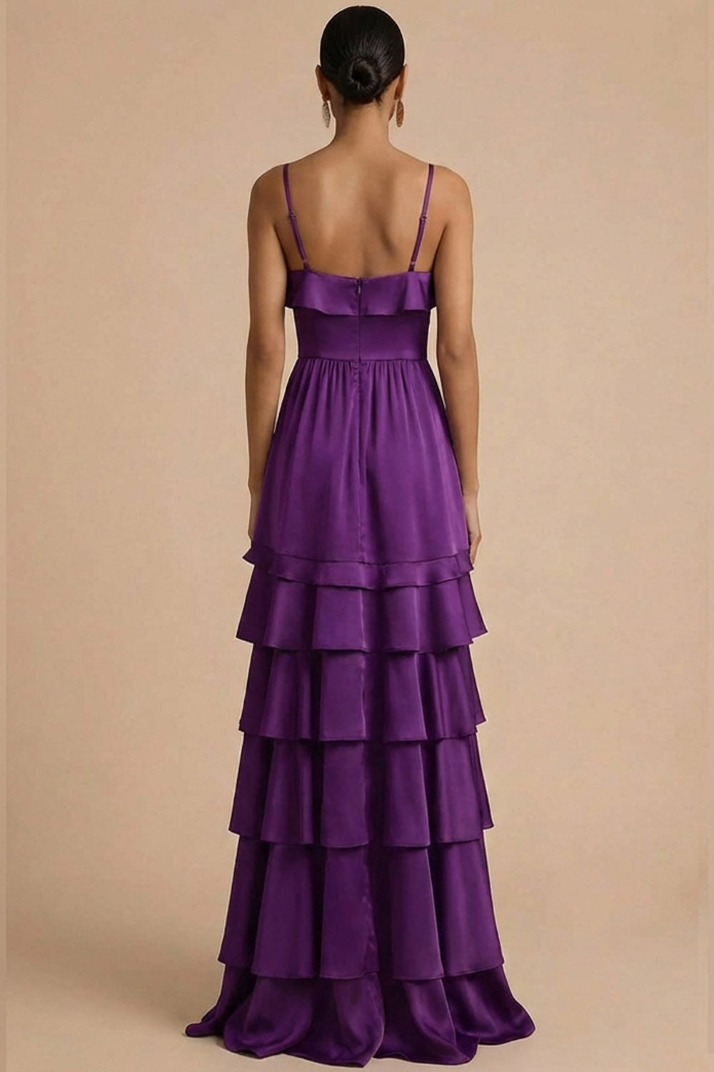 Dark Purple Satin A Line Thick Straps Ruffled Long Wedding Guest Dress with Slit