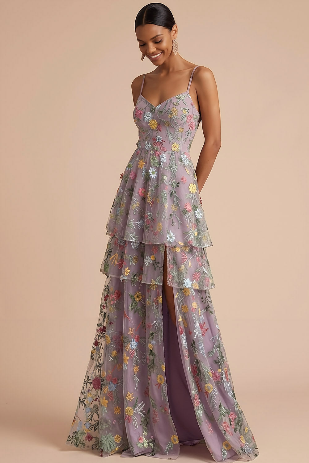 Mauve Floral A Line Tiered Embroidered Long Formal Dress with Slit