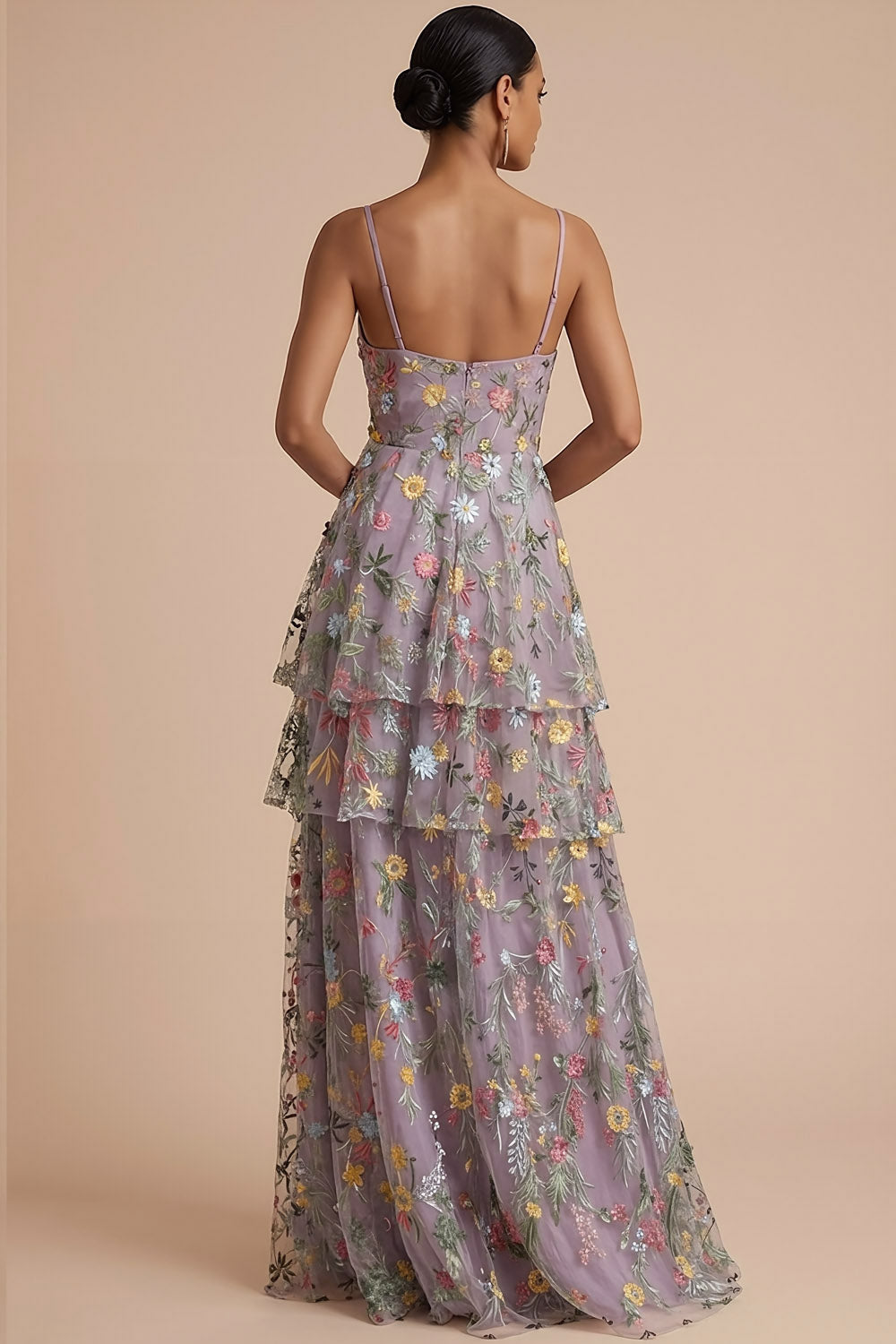 Mauve Floral A Line Tiered Embroidered Long Formal Dress with Slit