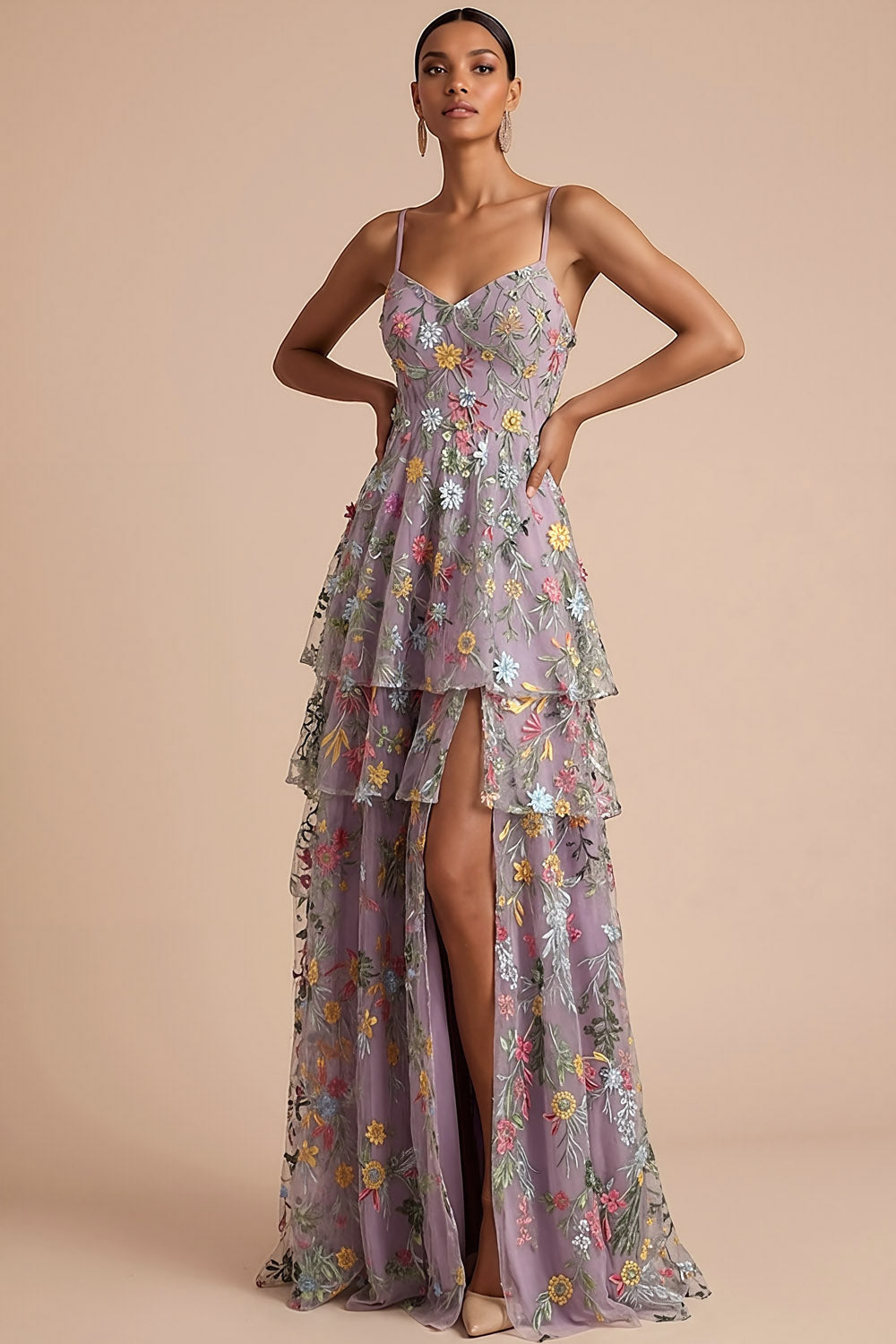 Mauve Floral A Line Tiered Embroidered Long Formal Dress with Slit