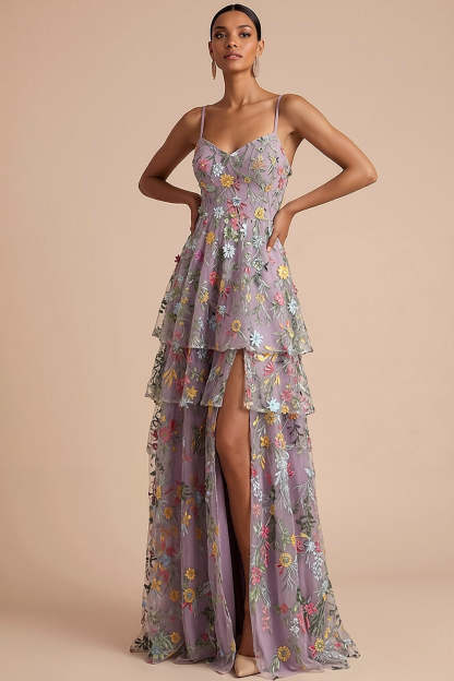 Leely Women Mauve Floral A Line Long Wedding Guest Dress with Slit Tiered Embroidered Backless Formal Dress