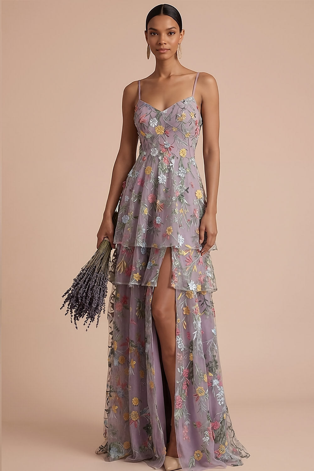 Mauve Floral A Line Tiered Embroidered Long Formal Dress with Slit