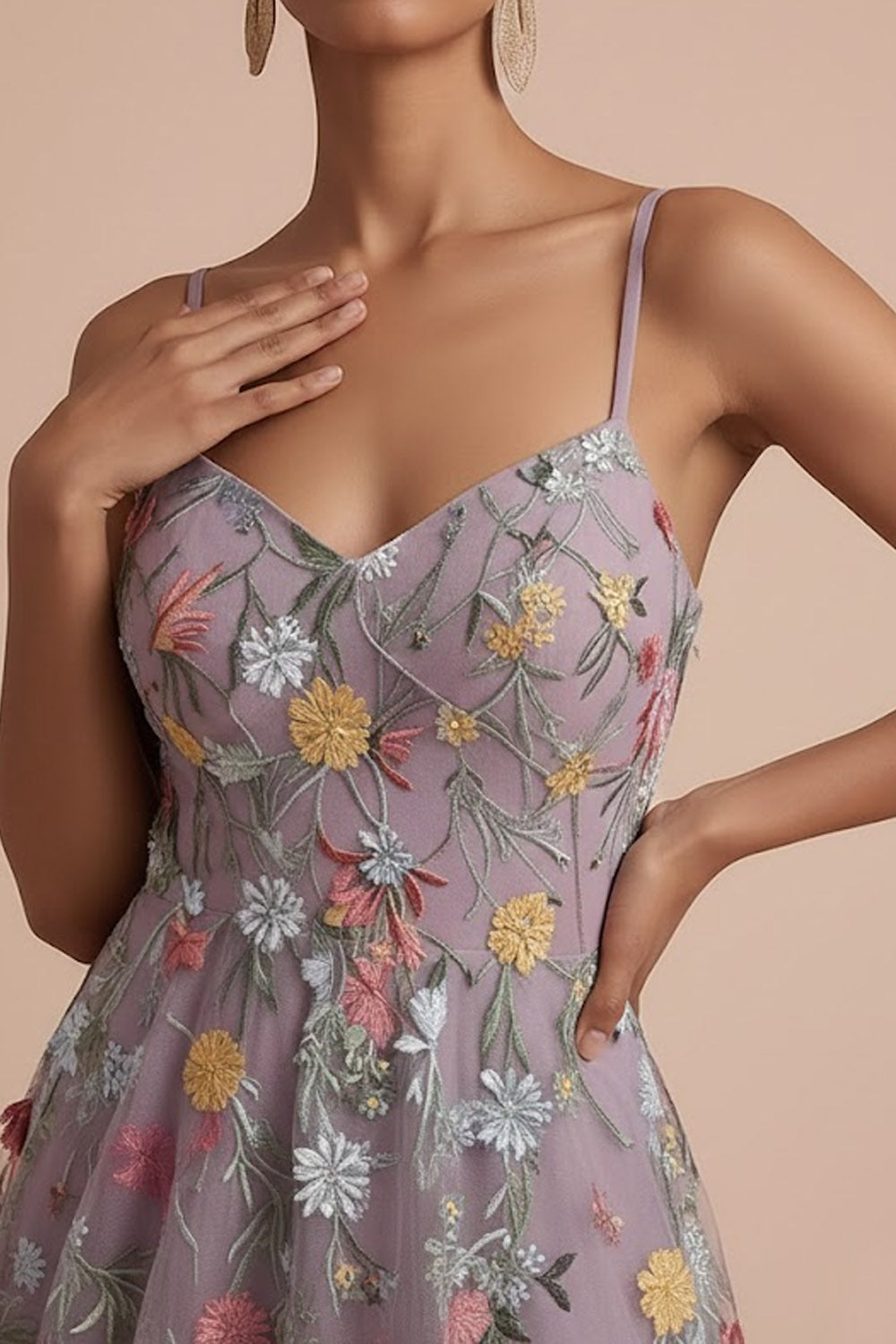Mauve Floral A Line Tiered Embroidered Long Formal Dress with Slit