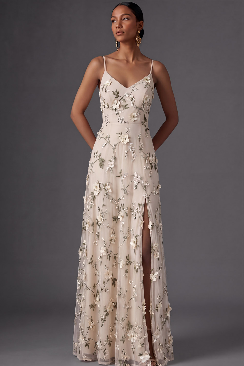 Lilac Mermaid Spaghetti Straps Floral Long Wedding Guest Dress with Slit