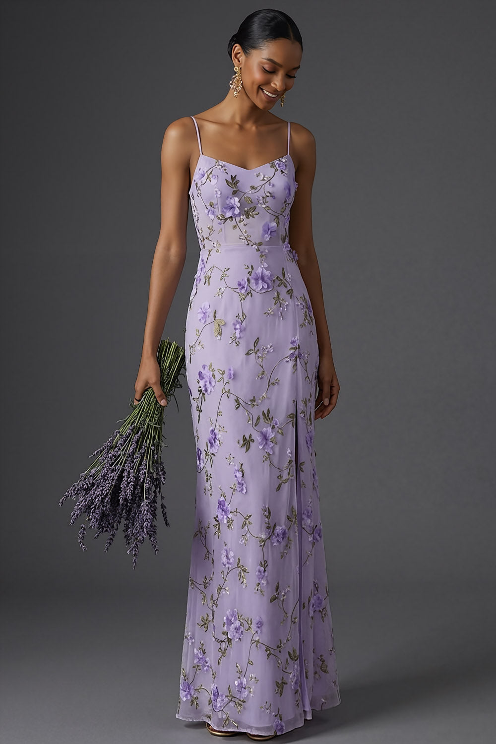 Lilac Mermaid Spaghetti Straps Floral Long Wedding Guest Dress with Slit