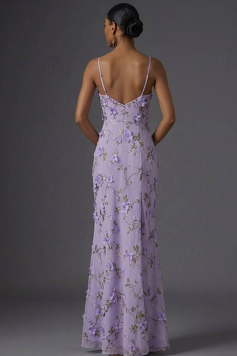 Lilac Mermaid Spaghetti Straps Floral Long Wedding Guest Dress with Slit