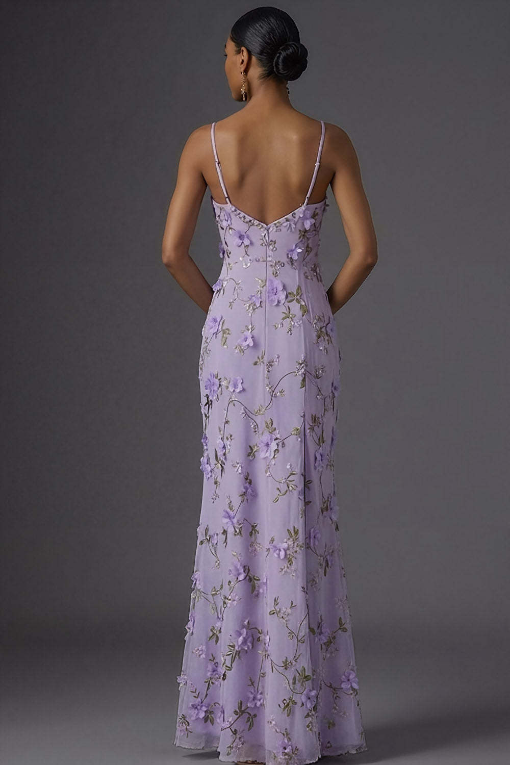 Lilac Mermaid Spaghetti Straps Floral Long Wedding Guest Dress with Slit