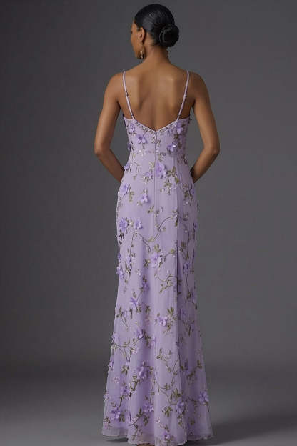 Lilac Mermaid Spaghetti Straps Floral Long Wedding Guest Dress with Slit