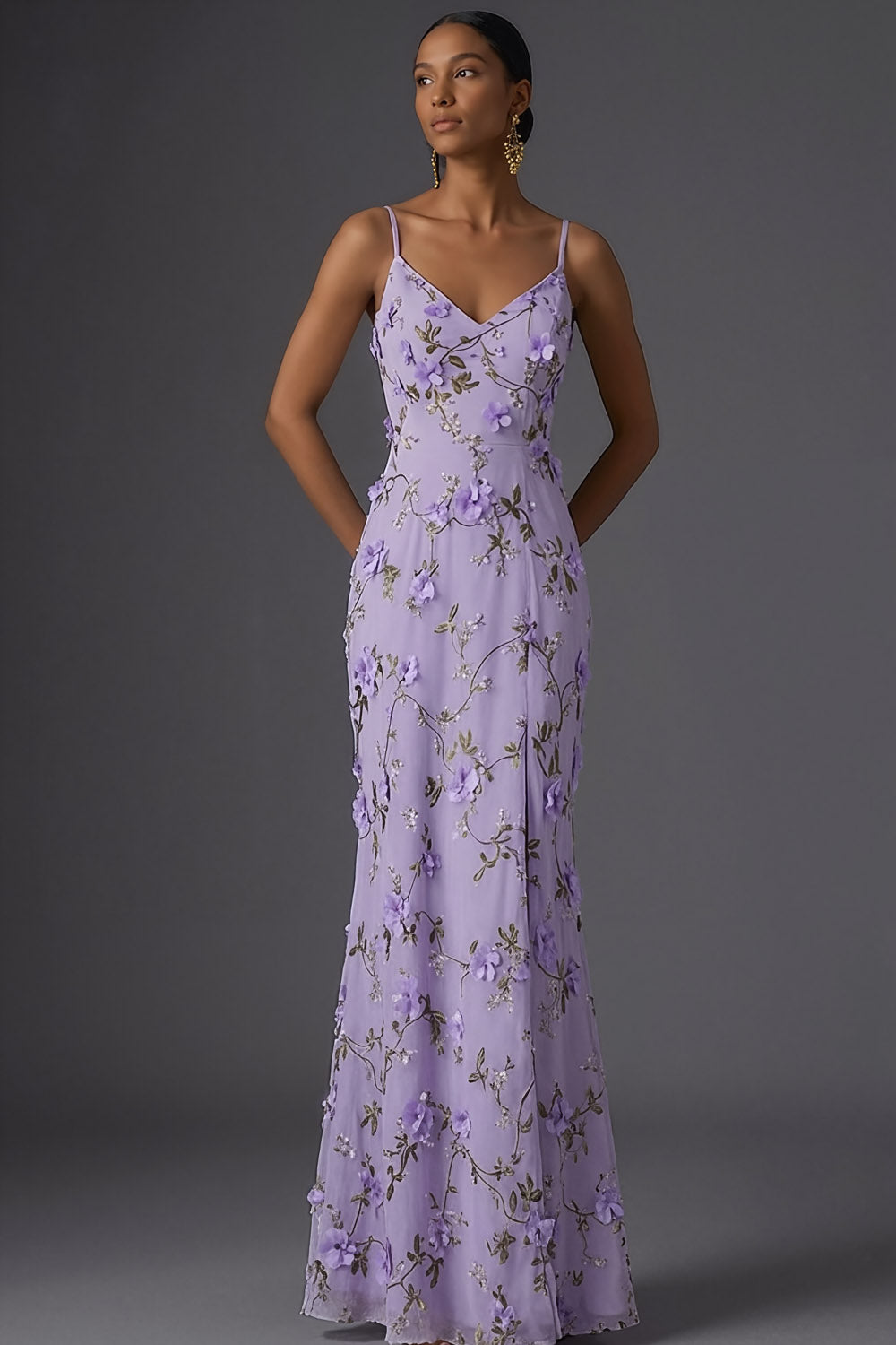 Lilac Mermaid Spaghetti Straps Floral Long Wedding Guest Dress with Slit