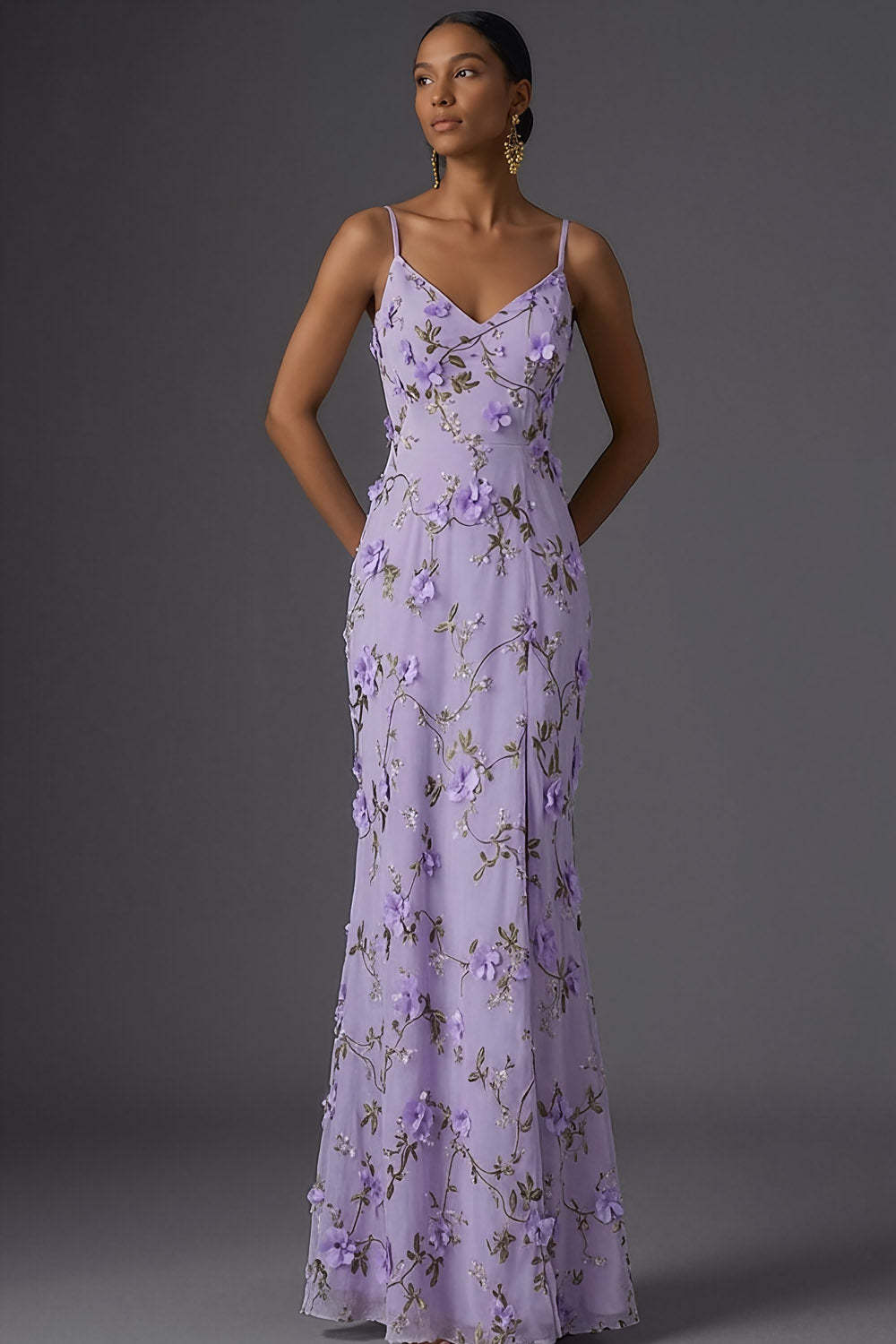 Leely Women Lilac Mermaid Floral Long Wedding Guest Dress with Slit Spaghetti Straps Appliqued Backless Formal Dress