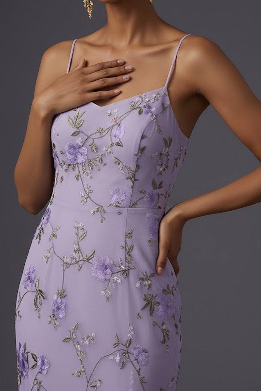 Lilac Mermaid Spaghetti Straps Floral Long Wedding Guest Dress with Slit