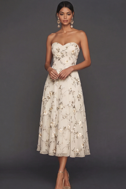 Lilac Floral Strapless A Line Long Wedding Guest Dress
