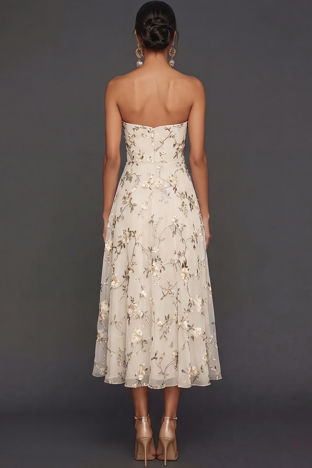 Lilac Floral Strapless A Line Long Wedding Guest Dress