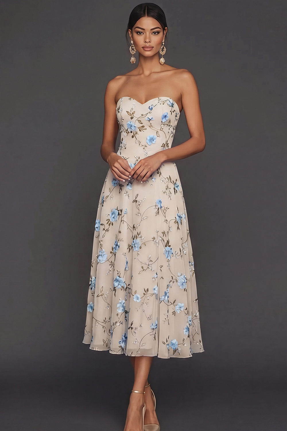 Lilac Floral Strapless A Line Long Wedding Guest Dress