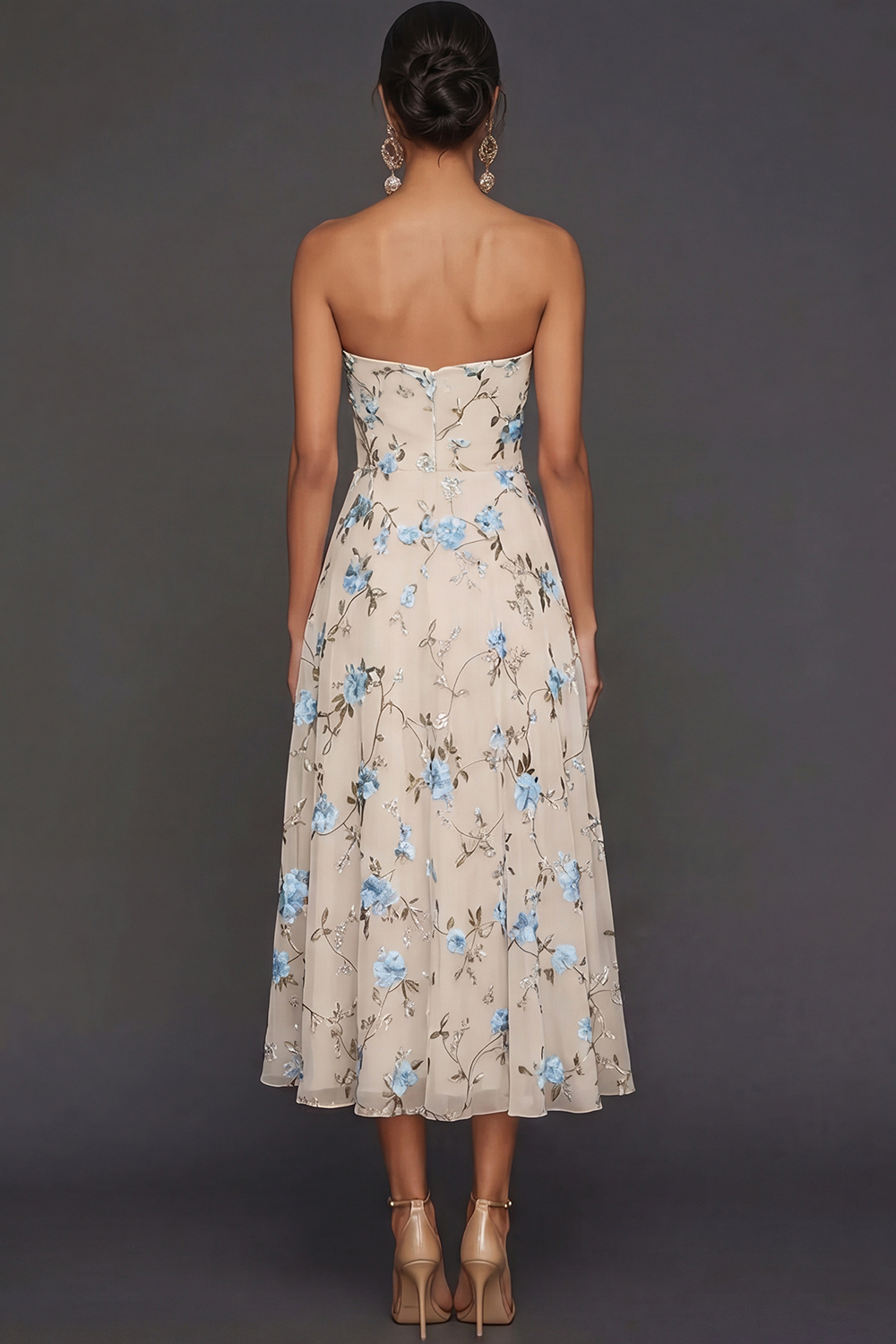 Lilac Floral Strapless A Line Long Wedding Guest Dress