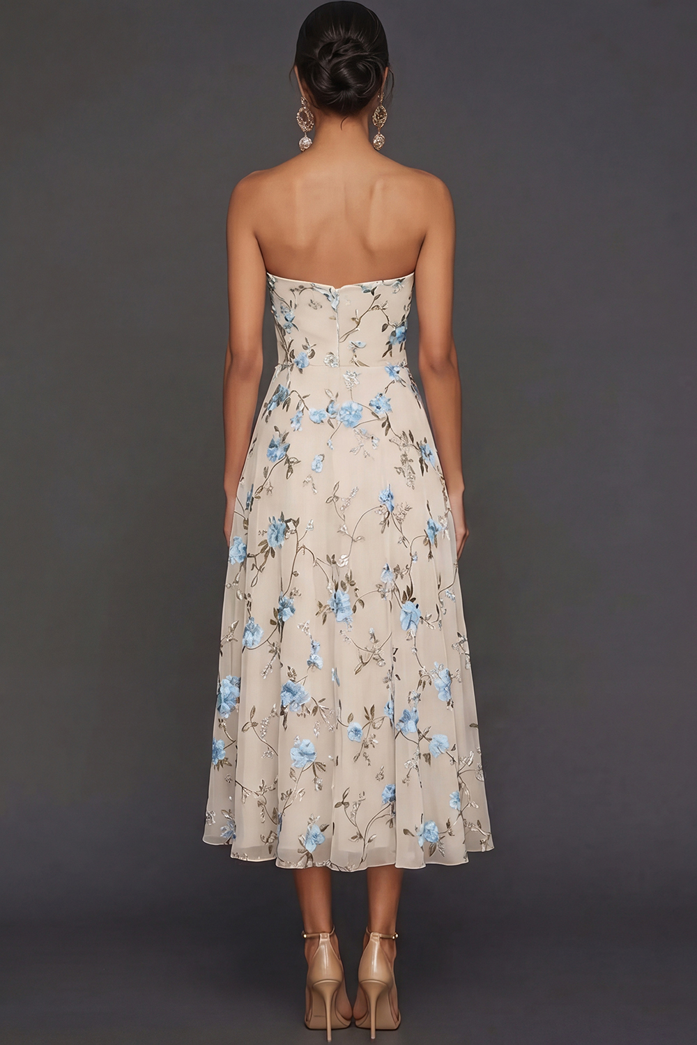 Lilac Floral Strapless A Line Long Wedding Guest Dress