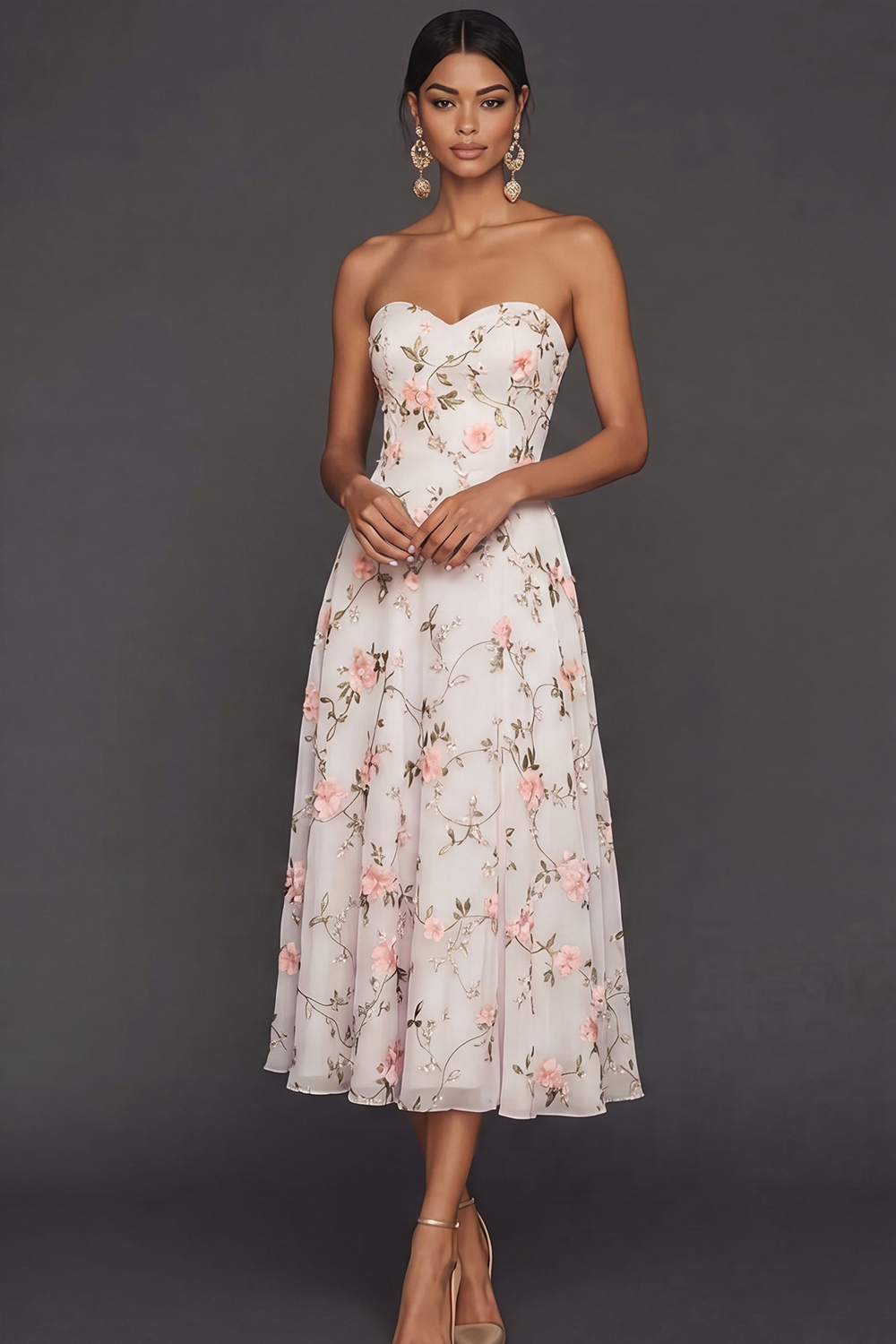 Lilac Floral Strapless A Line Long Wedding Guest Dress