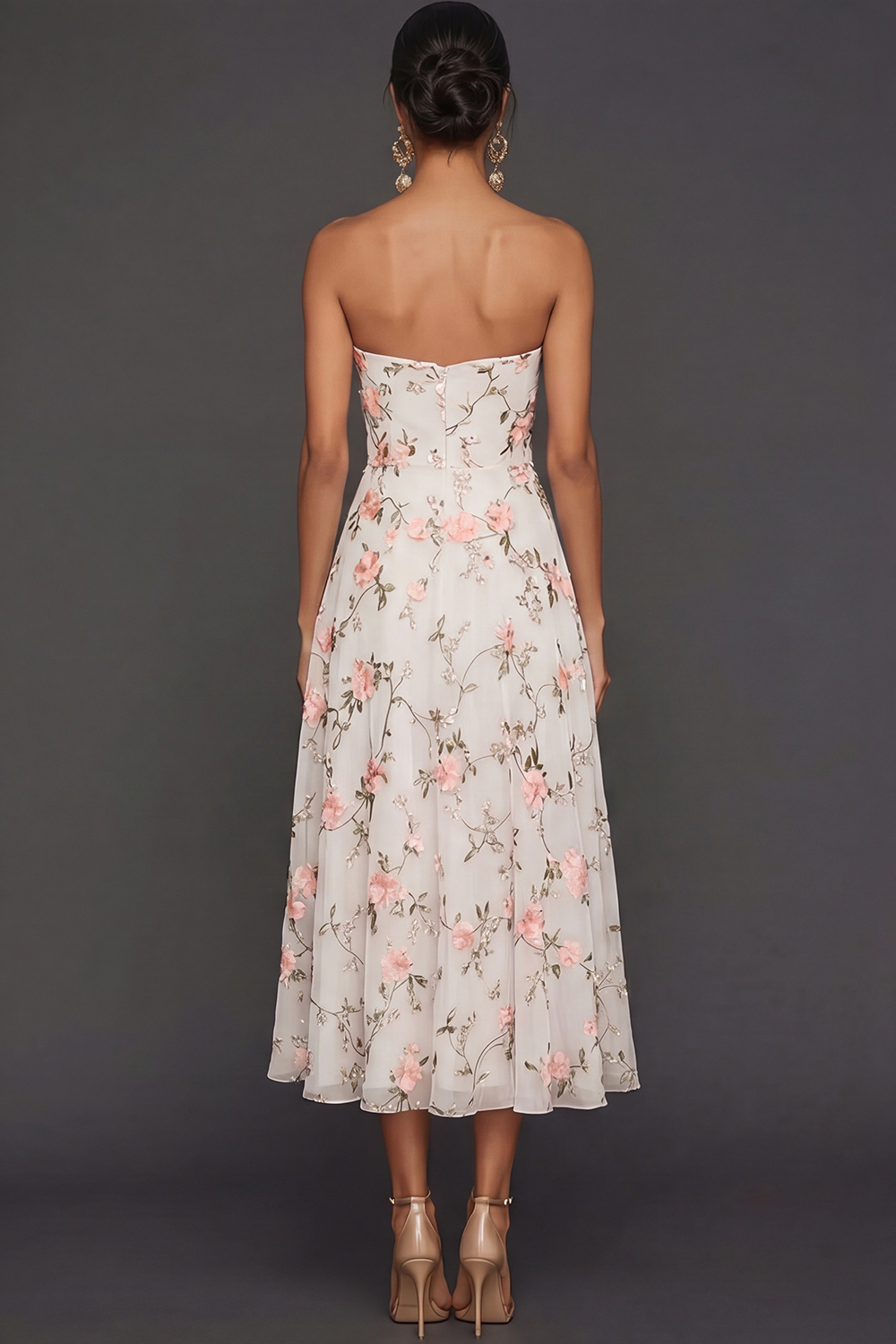 Lilac Floral Strapless A Line Long Wedding Guest Dress
