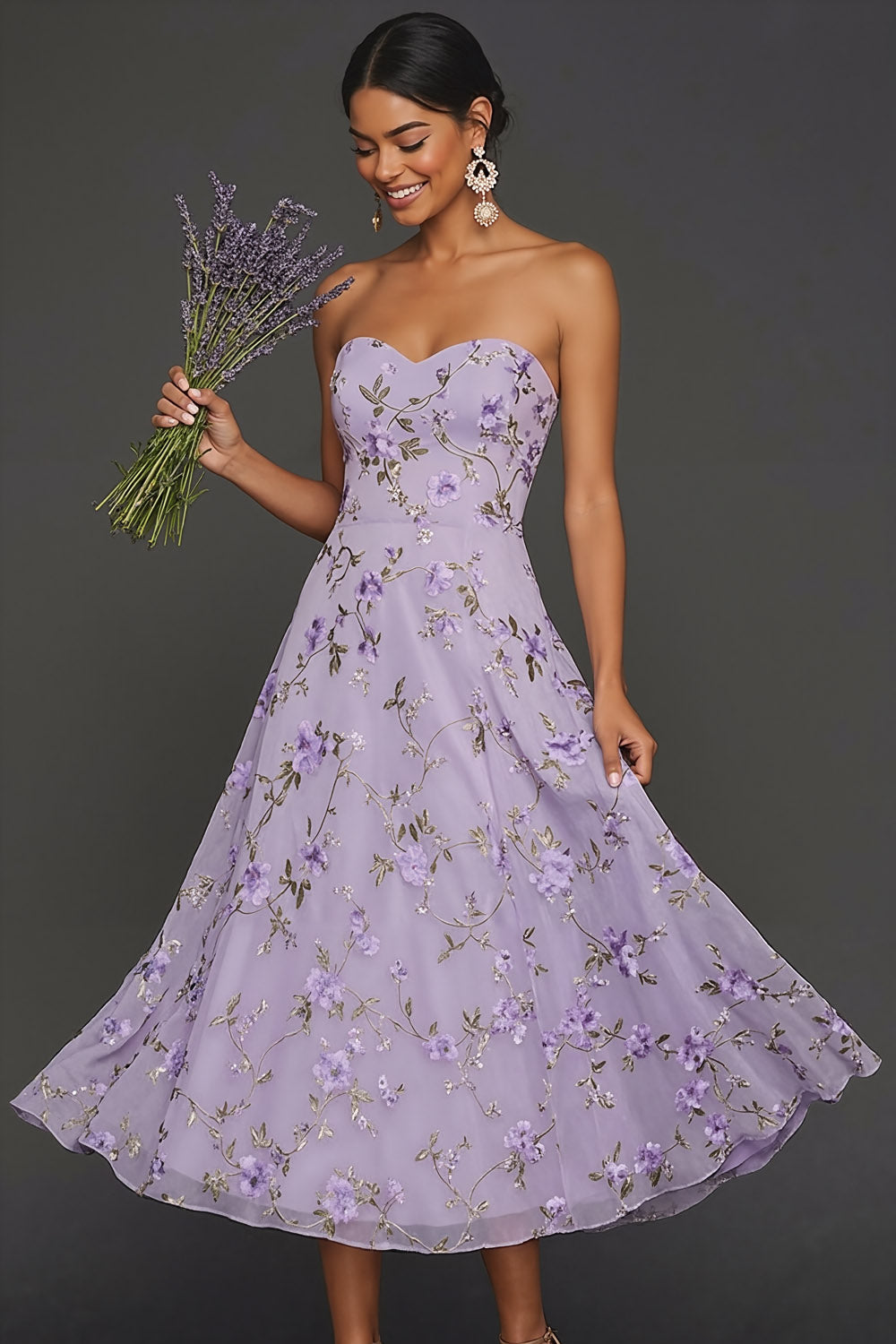 Leely Women Lilac Floral Strapless A Line Long Wedding Guest Dress Backless Sleeveless Prom Dress