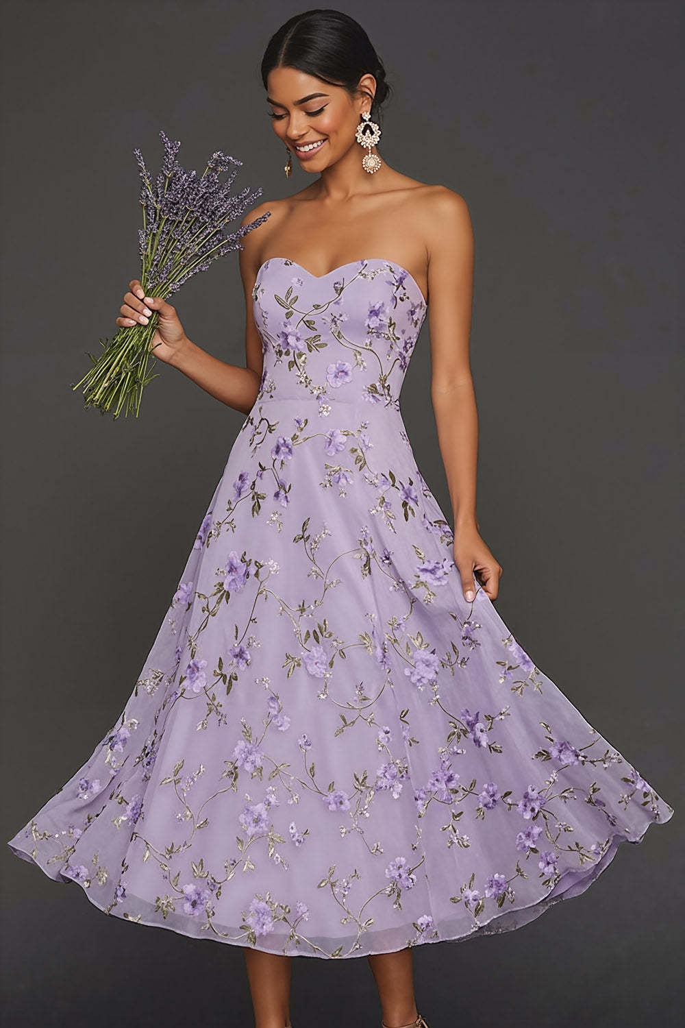 Leely Women Lilac Floral Strapless A Line Long Wedding Guest Dress Backless Sleeveless Prom Dress