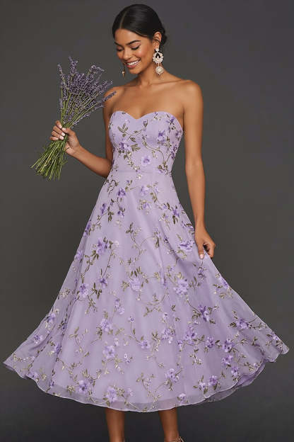 Leely Women Lilac Floral Strapless A Line Long Wedding Guest Dress Backless Sleeveless Prom Dress