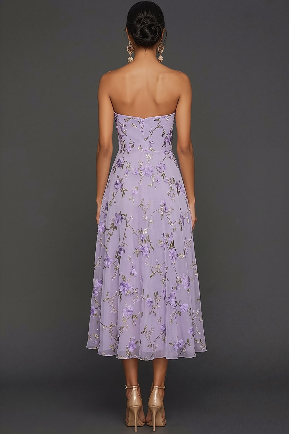 Lilac Floral Strapless A Line Long Wedding Guest Dress