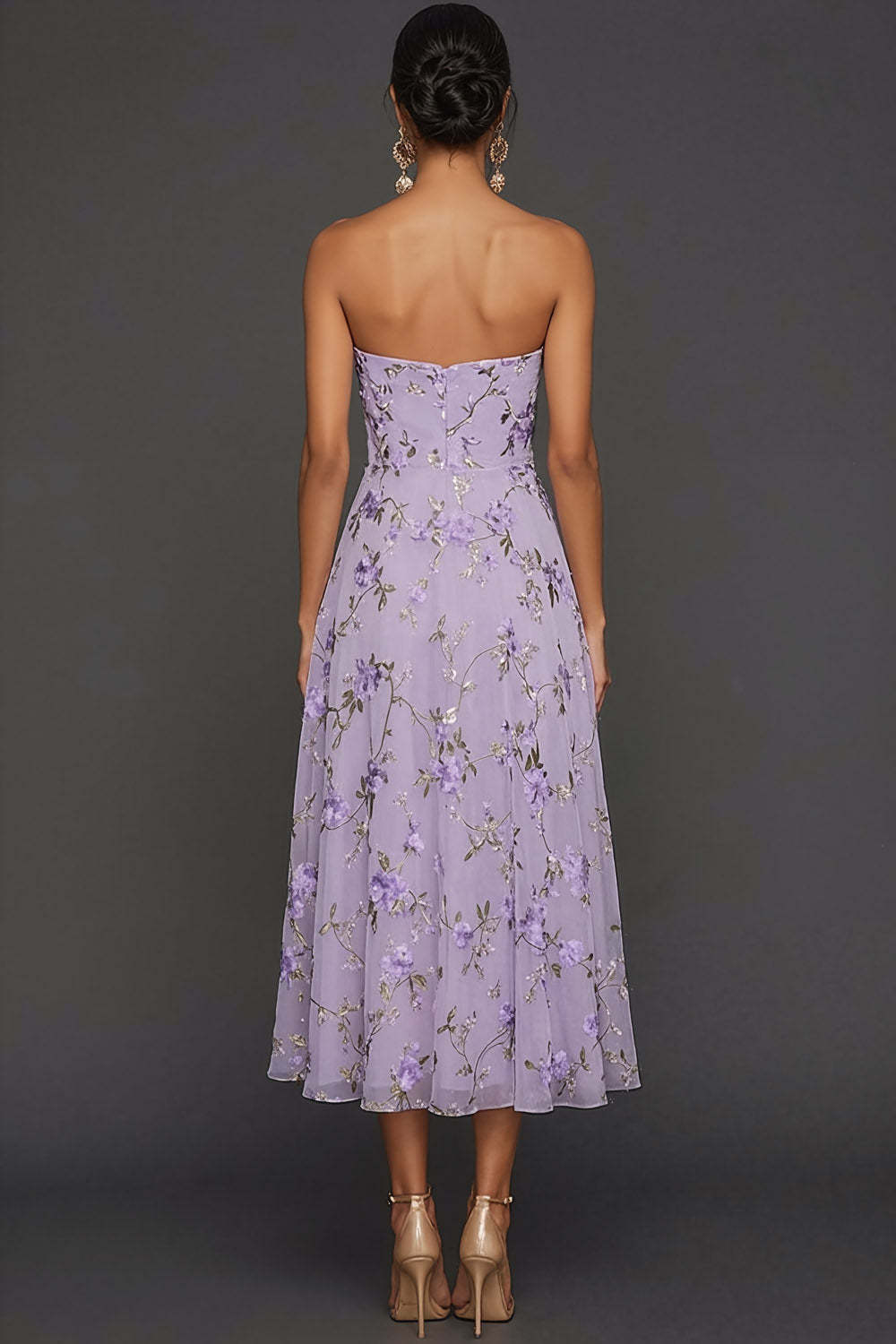 Lilac Floral Strapless A Line Long Wedding Guest Dress
