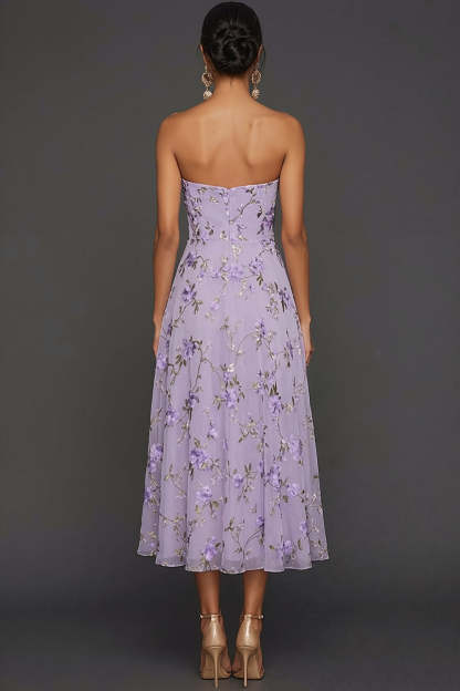 Lilac Floral Strapless A Line Long Wedding Guest Dress